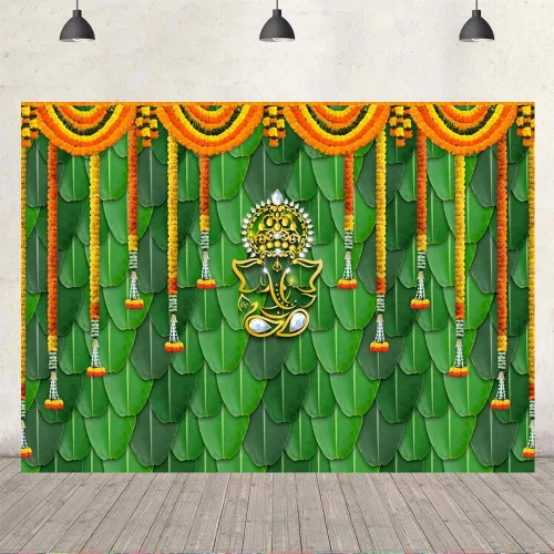Miniatura 4 de Ticuenicoa India Pooja - Telón de fondo tradicional de 7 x 5 pies, hojas de plátano, color verde, Chatiya Ganesh, fondo de fotografía de Puja