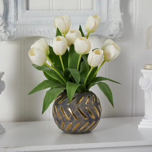Miniatura 3 de Nearly Natural Arreglo artificial de tulipanes en jarrón decorativo Blanco