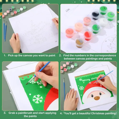 Miniatura 4 de Kosiz Paquete de 10 pinturas navideñas por números para niños y adultos, kits de pintura al óleo de 8 x 8 pulgadas, arte de lienzo de acuarela fácil