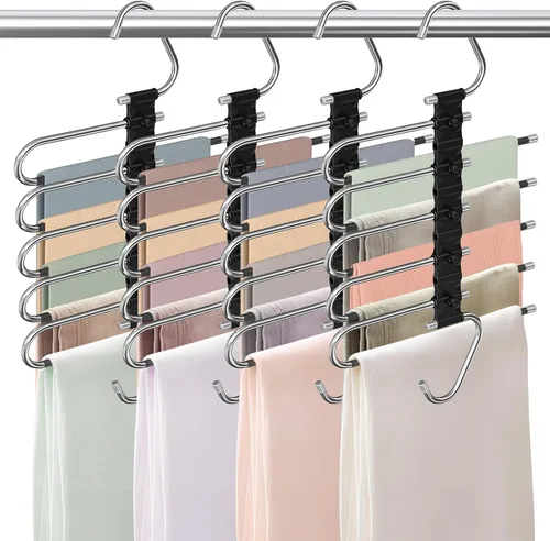 Miniatura 13 de Perchas para pantalones de 9 niveles que ahorran espacio, paquete de 2 organizadores multifuncionales de acero inoxidable para armario para Blanco