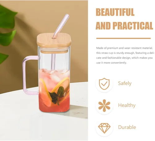 Miniatura 4 de Luxshiny Vaso de vidrio transparente con asa y tapa, vaso de bebida de 5.31 pulgadas para jugo de leche, agua, café helado, vaso para el hogar