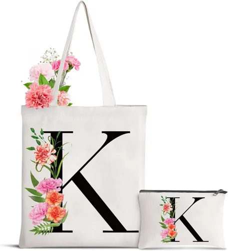 Miniatura 28 de Bolsa de lona con letra inicial personalizada, regalo para el día de la madre, damas de honor, novia, cumpleaños, boda Flower-D