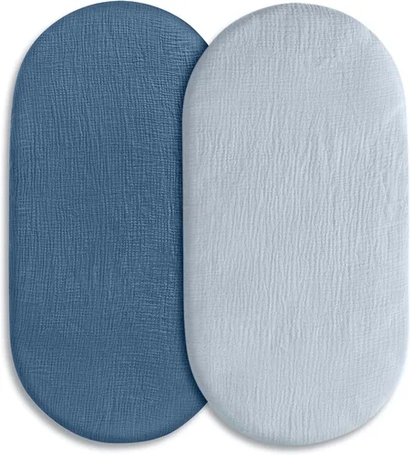 Sábanas bajeras de muselina para moisés, paquete de 2 para bebé niño y niña, juego de sábanas suaves, transpirables y elásticas para bebé/colchón,