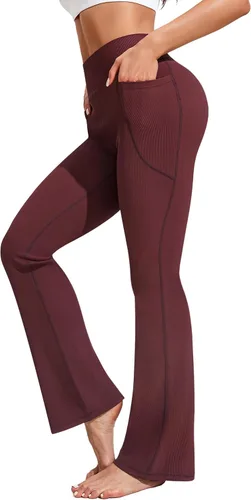 PINSPARK Pantalones de yoga acampanados para mujer, leggings acanalados con corte de bota, cintura alta, pantalones de entrenamiento con bolsillos