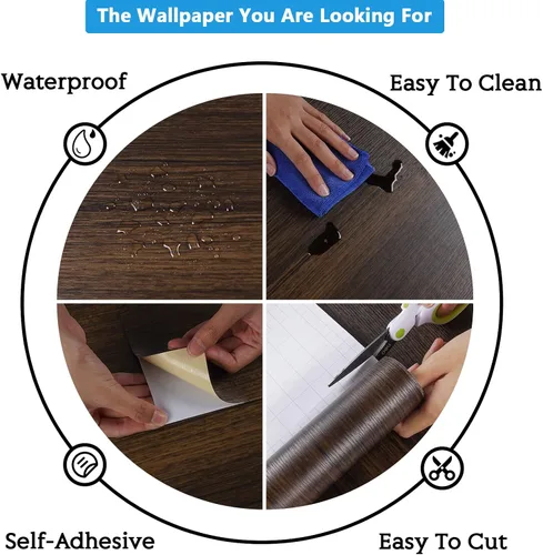 Miniatura 9 de CRE8TIVE Papel adhesivo de madera marrón oscuro, aspecto de madera envejecida, papel tapiz para despegar y pegar, papel adhesivo marrón impermeable