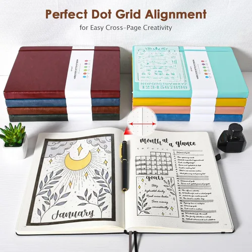 Miniatura 6 de Diario de viñetas punteadas, diario grande de cuero de tapa dura A4, diario grueso de 312 páginas numeradas, cuaderno de 3.53 oz/m² con cuadrícula