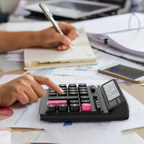 Miniatura 3 de Calculadora de escritorio con pantalla LCD extra grande de 5 pulgadas, calculadora de oficina de 12 dígitos con doble alimentación solar y batería