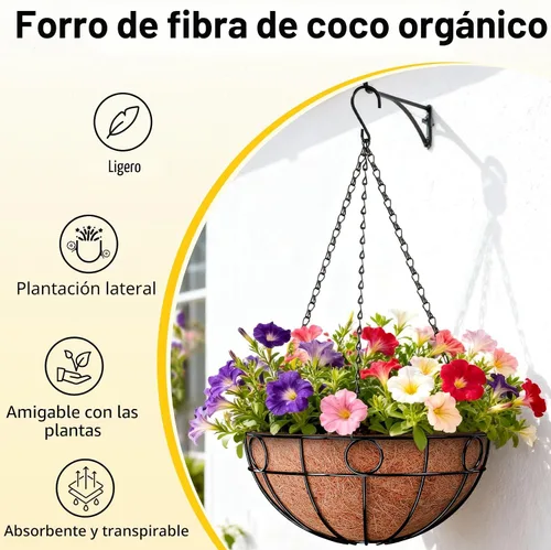 Miniatura 3 de ZeeDix Paquete de 2 cestas colgantes redondas para plantas al aire libre, cesta de alambre de metal de 12 pulgadas con forro de coco, macetas