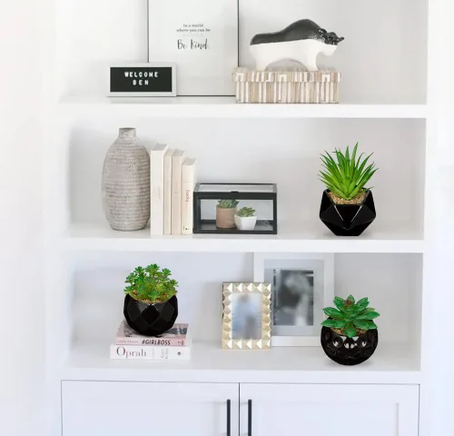 Miniatura 6 de Briful Plantas suculentas artificiales en macetas de cerámica, juego de 3 suculentas artificiales con macetas geométricas negras, decoración moderna
