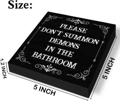 Miniatura 2 de Divertido letrero gótico para baño, diseño gótico espeluznante con texto en inglés «Please Don't Summon Demons in the Bath», letrero de madera negra