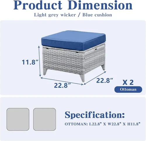Miniatura 3 de Belord Juego de 2 taburetes otomanos de mimbre de ratán para todo tipo de clima, con cojines suaves para muebles de patio Cojín de mimbre gris