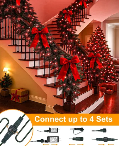 Miniatura 6 de 120 luces LED de Navidad de 40 pies para exteriores, guirnalda de luces de Navidad naranja impermeable, 8 modos de luces conectables para árbol