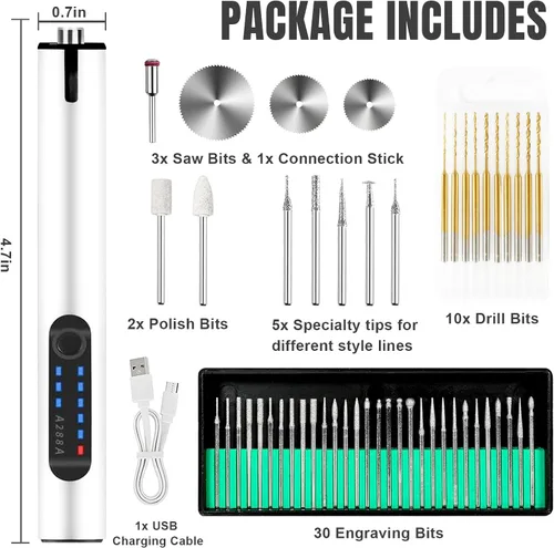 Miniatura 8 de Breeze Touch Bolígrafo Grabador Recargable por USB, Mini Herramienta Rotatoria Inalámbrica con 40 Brocas de Perforación, Juego de Sierra y Pulido