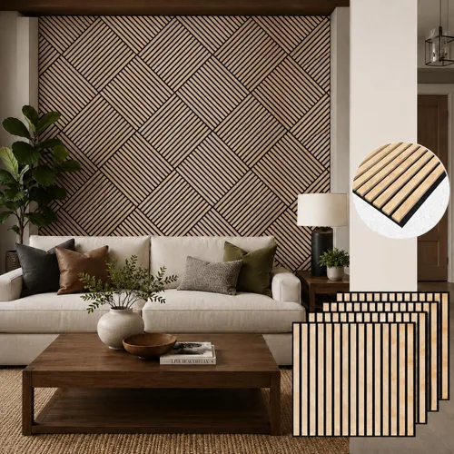 MISSDAY Paneles de pared acústicos de listones de madera, paquete de 4 paneles insonorizados de roble de 23.6 x 23.6 pulgadas para decoración de
