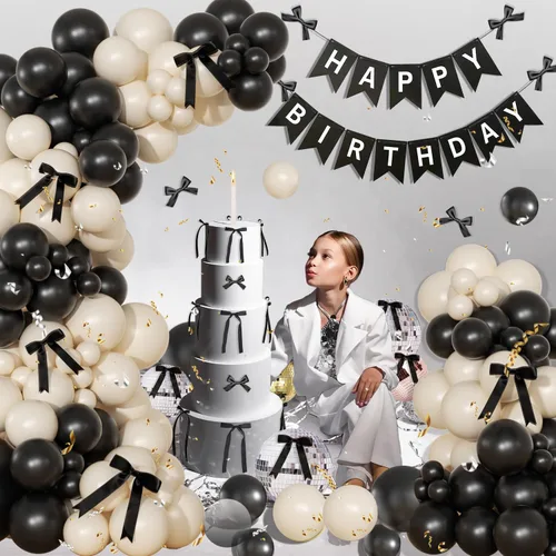 Miniatura 2 de Kit de arco de globos negro y arena blanca 141 piezas, decoraciones de cumpleaños coquetas incluyen globos y lazo negro para boda, baby shower