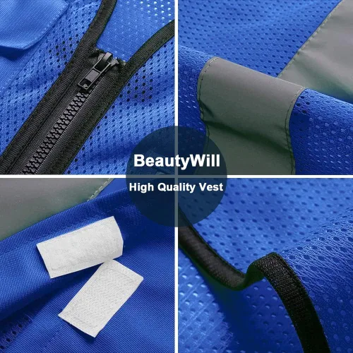 Miniatura 2 de BeautyWill Chaleco de seguridad con logotipo personalizado Class2 Chaleco reflectante de alta visibilidad con bolsillos y cremallera chaleco