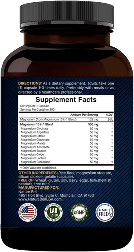 Miniatura 8 de NatureBell - Suplemento complejo de magnesio de 500 mg, 300 cápsulas, 10 formas activas, glicinato, citrato, taurato y más, 100 % quelado