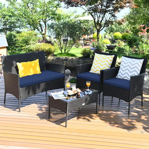Miniatura 13 de Juego de muebles de patio de 4 piezas, juego de conversación al aire libre con respaldo ergonómico curvo, juego de sillas de patio con cojín Turquesa