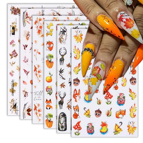 Miniatura 22 de 8 hojas de calcomanías de uñas de Halloween con diseños de fantasmas lindos, calabaza, araña, telaraña, sangre, llama 3D, autoadhesivas, Otoño