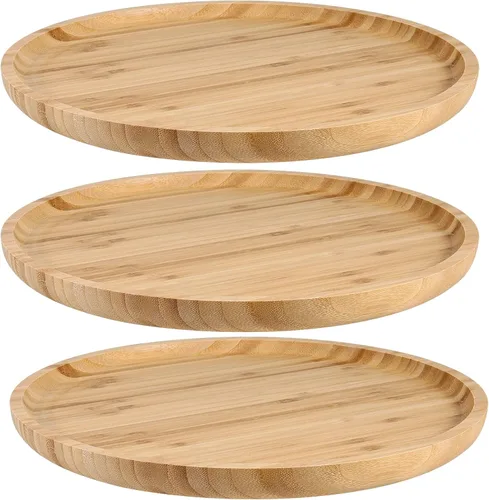 Miniatura 9 de JOIKIT Paquete de 3 Bandejas Redondas de Bambú de 8 Pulgadas, Platos Redondos de Madera Finamente Pulida, Bandeja de Servir de Bambú para Sostener