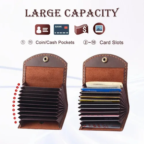 Miniatura 3 de Cartera de cuero genuino para tarjetas de crédito, organizador de tarjetas de crédito para mujeres y hombres, monedero pequeño llavero, Café, Simple