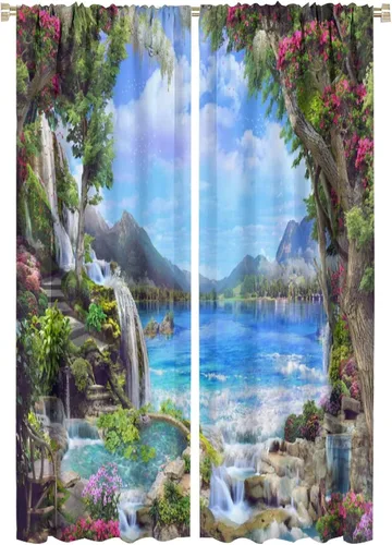 Miniatura 55 de Cortina opaca de bosque de verano, diseño de ramas de bosque, con bolsillo para barra, cortinas farbic con bolsillo para barra, comedor, cafetería