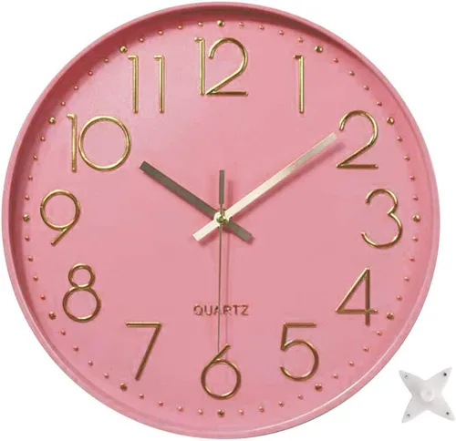 Reloj de pared de 12 pulgadas, silencioso de cuarzo, funciona con pilas, para el hogar, cocina, oficina, escuela, sala de estar, decoración Rosa-rosa