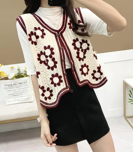 Miniatura 4 de Chaleco de punto sin mangas con cuello en V para mujer, chaleco corto estampado con botones