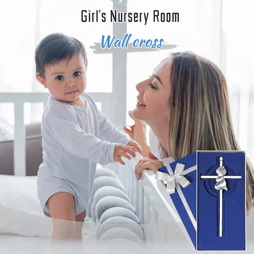 Miniatura 5 de Tryuunion Cruz de pared para bebé, regalos de bautizo para niña, cruces de 7 pulgadas plateadas para niñas orando, ideales para primera comunión