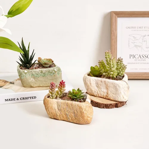 Miniatura 7 de T4U Maceta de cerámica para suculentas de 5.5 pulgadas con orificio de drenaje, juego de 3, caja rectangular con forma de piedra, contenedores