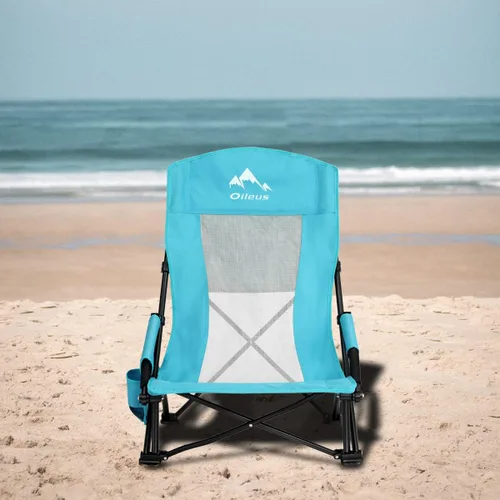 Miniatura 6 de Oileus Silla de playa portátil plegable, ligera, respaldo alto, asiento bajo para tienda de campaña, refugio y campamento, respaldo de malla