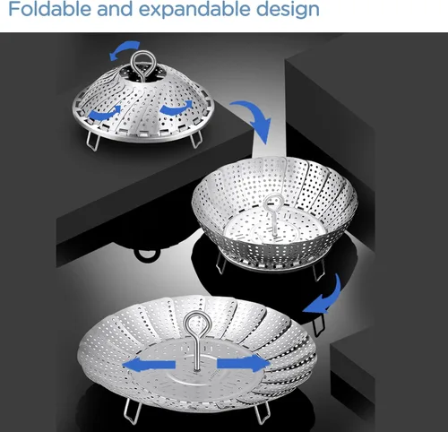 Miniatura 2 de Cesta de vapor de verduras de acero inoxidable 304, inserto expandible para cocinar, se adapta a ollas de 6.4 a 10.2 pulgadas, incluye pinzas
