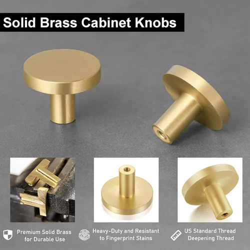 Miniatura 2 de QOGRISUN Paquete de 25 pomos dorados para gabinete, pomos de latón macizo para cajones de tocador, accesorios de cocina redondos de latón cepillado
