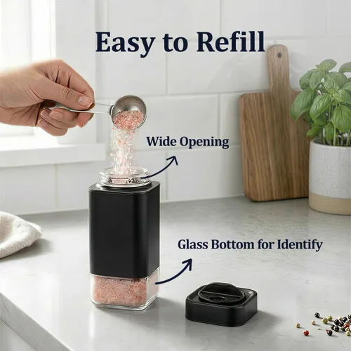 Miniatura 2 de Salero y pimientero negro de Aelga, juego de salero de vidrio con agujeros ajustables, ideal para pimienta negra, kosher y del Himalaya