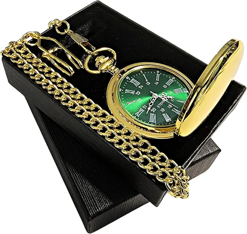 Miniatura 6 de 1 reloj de bolsillo grabado - Viene con caja personalizada, cadena y grabado. Esfera verde con números romanos plateados, regalos de boda Negro