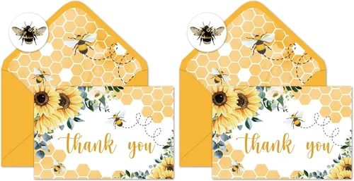 Miniatura 8 de Whaline 24 tarjetas de agradecimiento de abeja de girasol a granel, tarjetas de felicitación florales de verano con adhesivo sobre para boda, baby