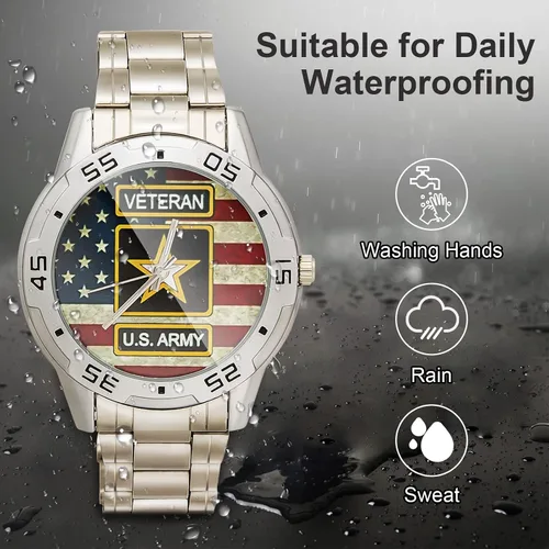 Miniatura 2 de Reloj analógico de acero inoxidable para hombre diseño especial militar veterano y bandera estadounidense diseño personalizado con caja de metal