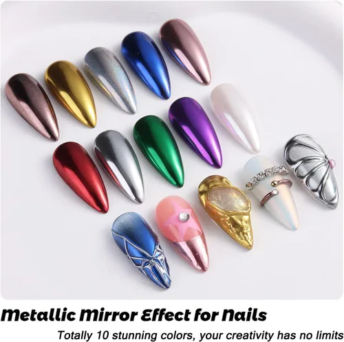 Miniatura 3 de Kit de polvo de uñas cromado, 10 colores dorado, plateado, bronce, efecto espejo metálico, polvo cromado con gel de escultura 3D de 0.35 oz (10 g)