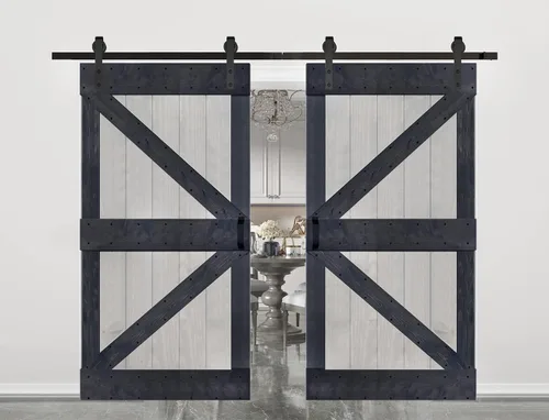 Miniatura 34 de Serie K de 60 x 84 pulgadas (30 x 84 pulgadas x 2 paneles) Puerta corredera clásica de madera maciza con acabado de nogal con riel de herrajes