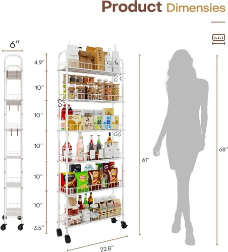 Miniatura 7 de Carrito de almacenamiento delgado rodante con ruedas, estantería móvil de metal de 6 niveles, organizador de cocina, carrito utilitario