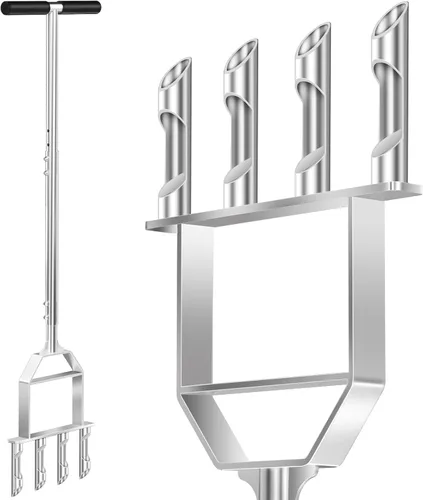 Suntee Herramienta aireadora de césped, herramienta de césped manual de acero inoxidable con 4 dientes huecos, altura ajustable, semiensamblada,