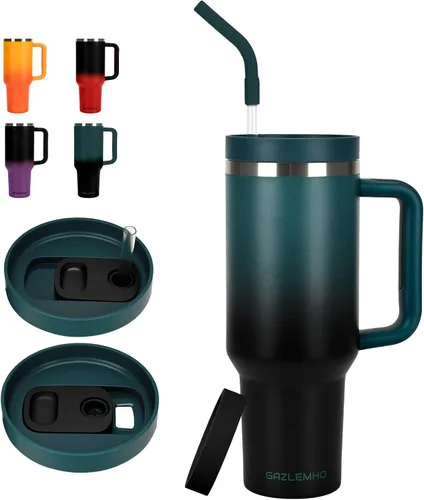 Vaso térmico de 40 onzas con asa y pajita, tapa 2 en 1 a prueba de derrames y fugas, taza de viaje aislada, mantiene frío y caliente, apto para