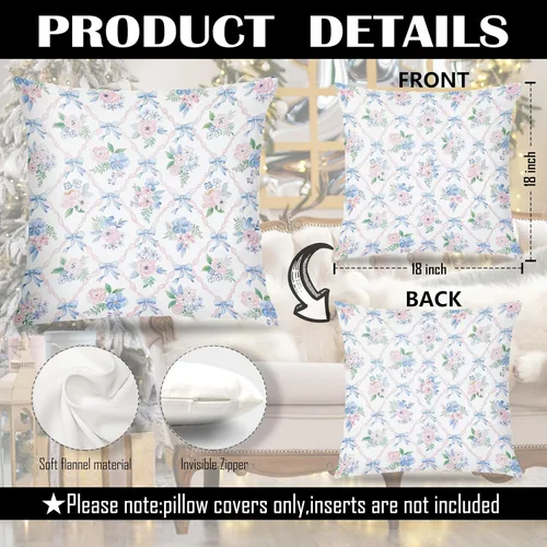 Miniatura 7 de Juego de 2 fundas de almohada florales con lazo de cinta azul y rosa de 18 x 18 pulgadas, decoración de dormitorio de habitación preparada, fundas