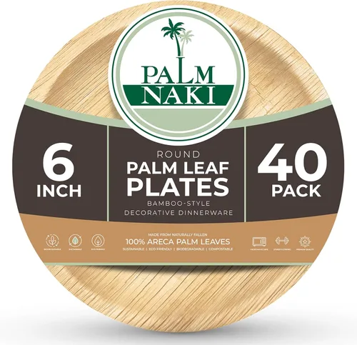 PALM NAKI Platos redondos de hoja de palma (40 unidades) – Vajilla desechable, platos redondos compostables y biodegradables (platos redondos de 6