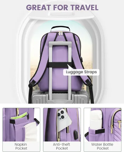 Miniatura 4 de LOVEVOOK Mochila Bolso de Viaje para Laptop para Mujeres Bolsas de Computadora para Trabajo y Negocios, Púrpura, 17 pulg., Mochilas de viaje
