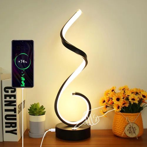 Miniatura 13 de Juego de 2 lámparas de mesa LED en espiral modernas, lámpara de mesa de control táctil de 10 W con puertos de carga USB, regulable, 3 modos de Negro