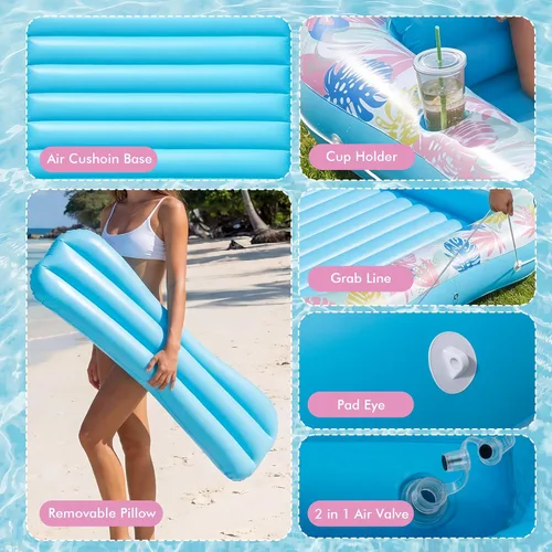 Miniatura 7 de OKSUWATER - Flotador para tumbona bronceadora para piscina, de 87 x 63 pulgadas, para adultos, con reposacabezas y soporte para bebidas, cama Azul