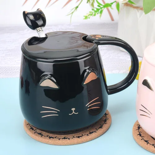 Miniatura 4 de Taza de café de cerámica rosa con diseño de gato lindo hecho a mano con cuchara de acero inoxidable, taza de gatito, tazas únicas de chocolate Negro