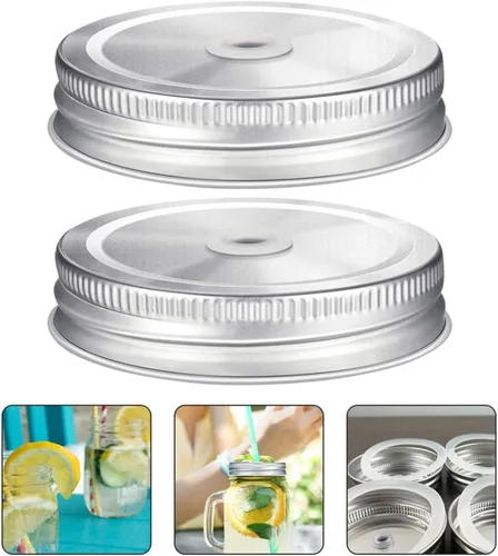 Miniatura 7 de Hemoton Tapas de acero inoxidable para tarros de 3.54 pulgadas de boca ancha, resistentes a fugas, con agujero para pajilla, para viajes y cocina