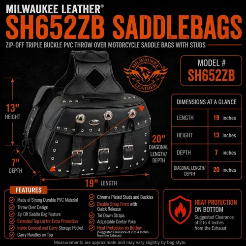 Miniatura 3 de Milwaukee Leather SH652ZB - Alforjas de PVC con hebilla triple y cierre de cremallera, color negro, con tachuelas (18 x 11 x 7 x 19), talla única